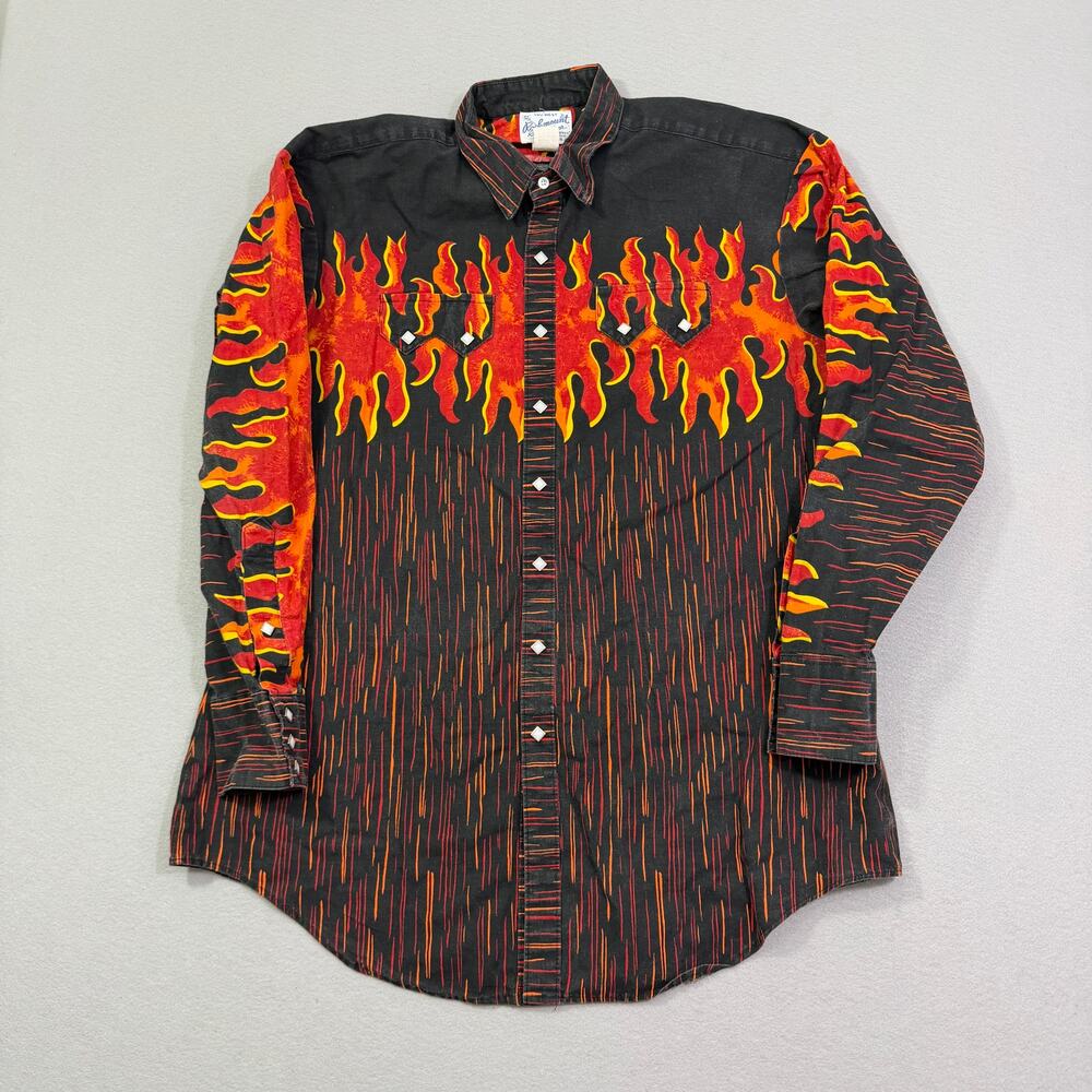 Vintage Rockmount Ranch Wear Flame Pearl Snap Button Shirt Large Western Rodeo